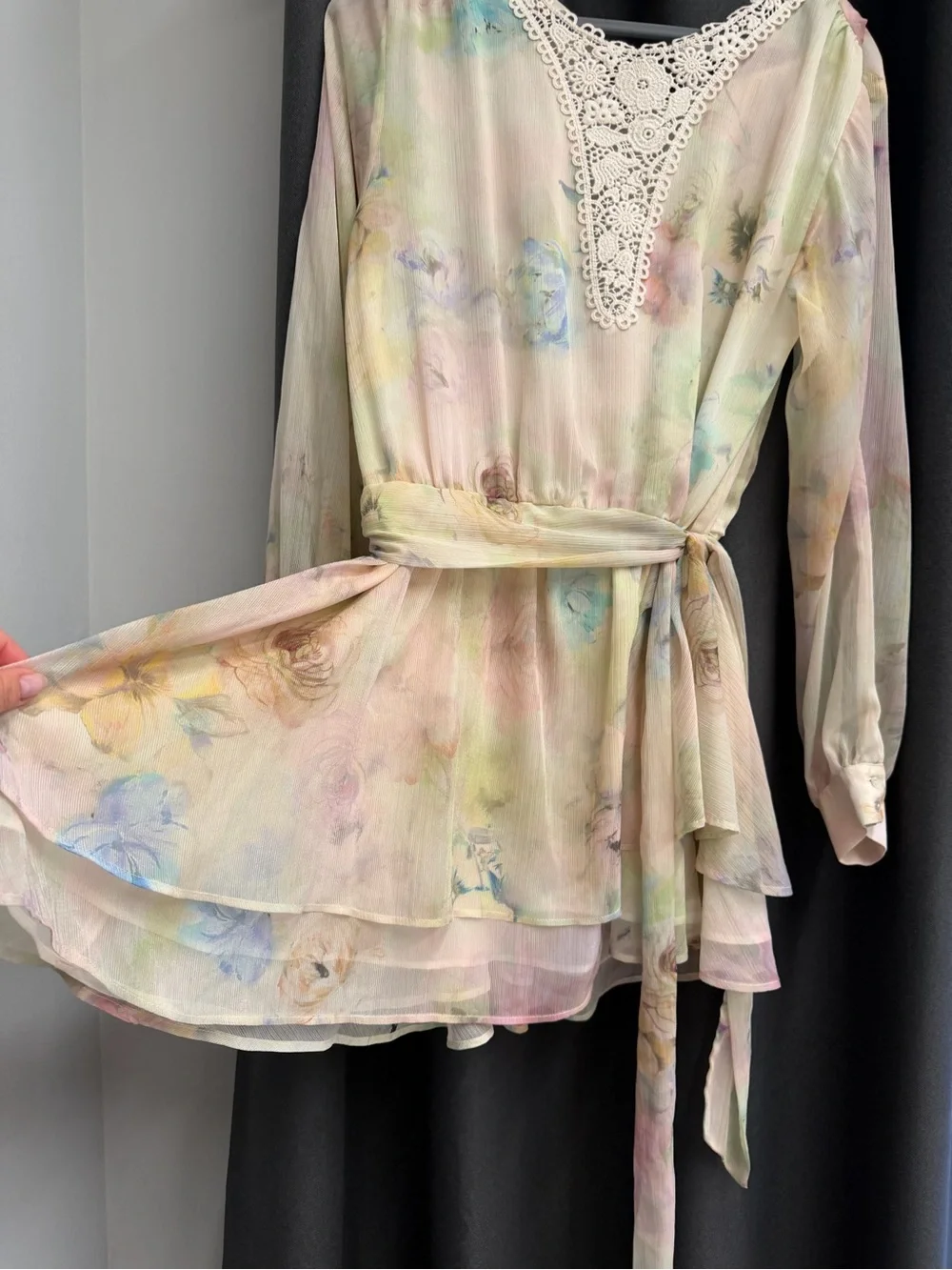 Zara Pastel Watercolor Floral Tie-Waist Dress with Lace V-Neck